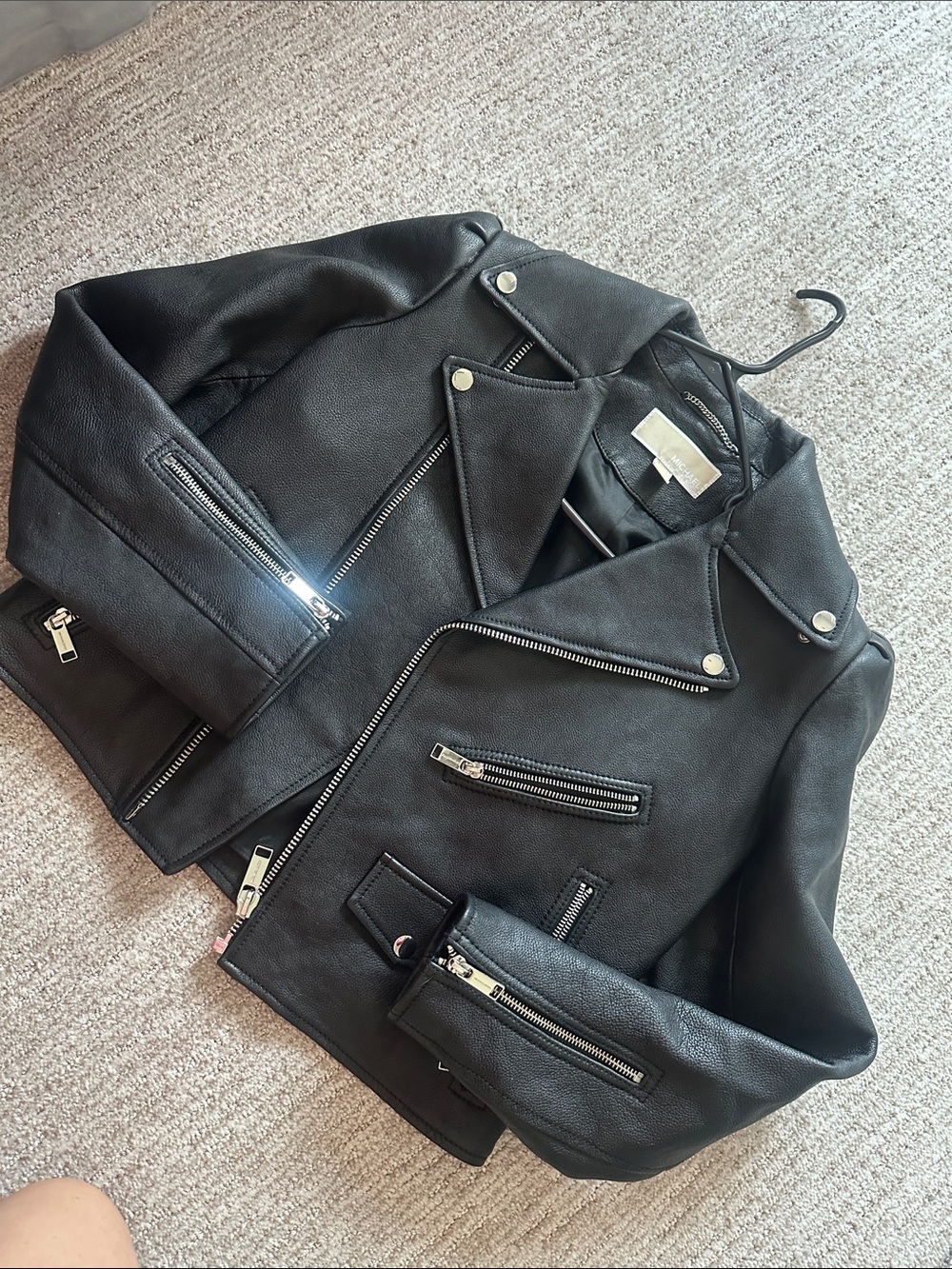 MICHAEL Michael Kors Black Faux Leather Moto Jacket with Silver Hardware